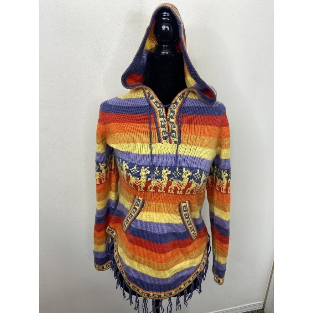Alpaca Fina Sweater‎ Women M Orange Aztec Tejido Parillo Pullover Hooded Peru